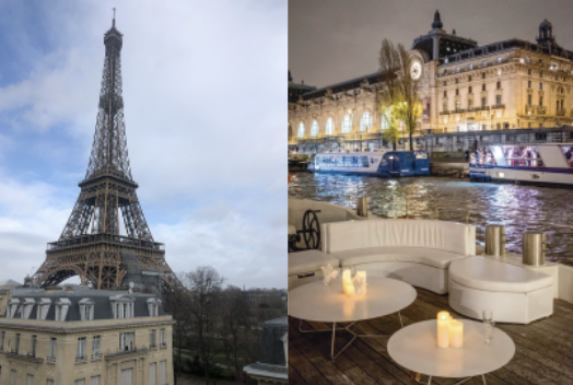 Deux photos : un appartement avec vue sur la Tour Eiffel et vue sur la Seine depuis une péniche.